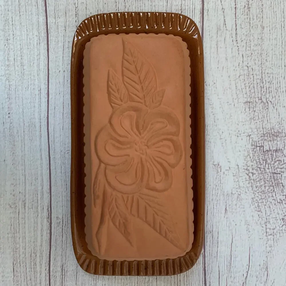 Vintage Terracotta Butter Dish Floral Textured Lid by American Container Co.